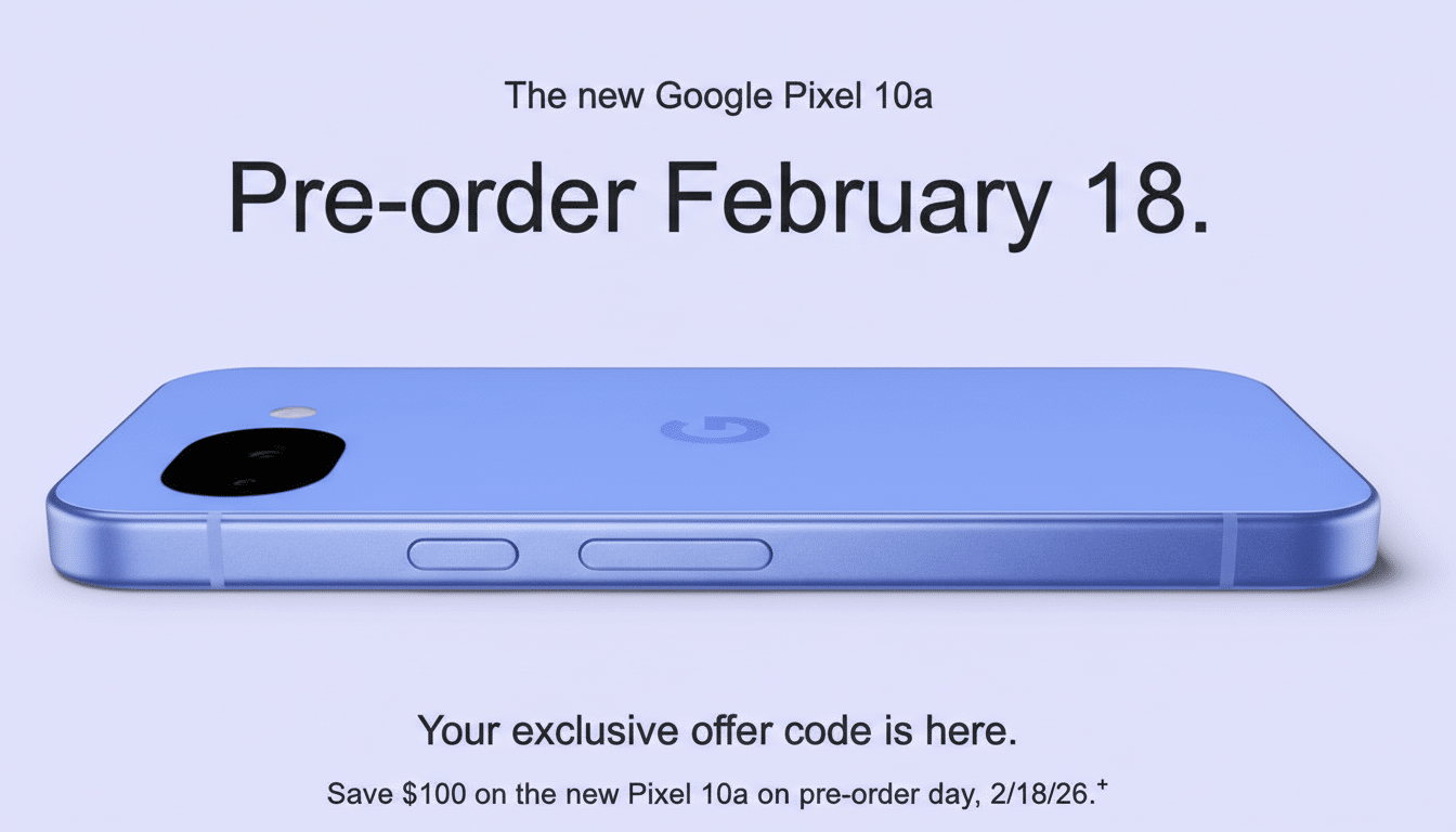 A promotional image for the new Google Pixel 10a, showing a lavender-colored phone lying flat on a light purple background. Text above the phone reads The new Google Pixel 10a Pre-order February 18. Below the phone, text states Your exclusive offer code is here. Save $100 on the new Pixel 10a on pre-order day, 2/18/26.