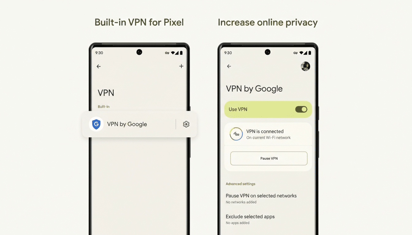 A 16:9 aspect ratio image showing two Pixel phone screens side-by-side, demonstrating the built-in VPN by Google feature. The left screen shows the VPN setting, and the right screen shows the VPN connected and active.