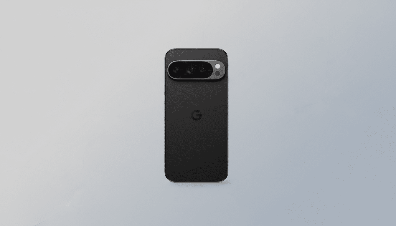 A black Google Pixel 7 Pro smartphone is centered on a professional flat gray background with a subtle gradient.