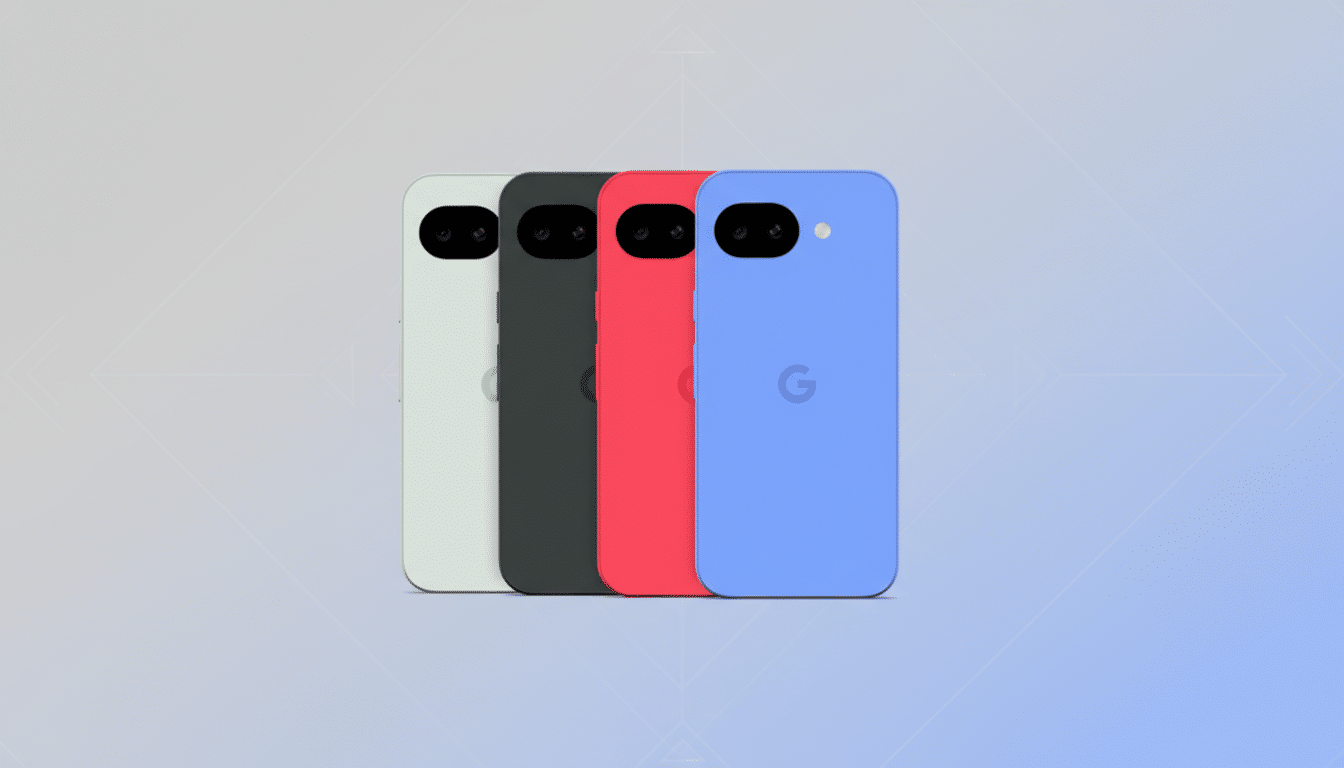 Four Google Pixel phones in different colors (light green, dark gray, red, and blue) are arranged in a row against a professional flat design background with soft patterns and gradients.