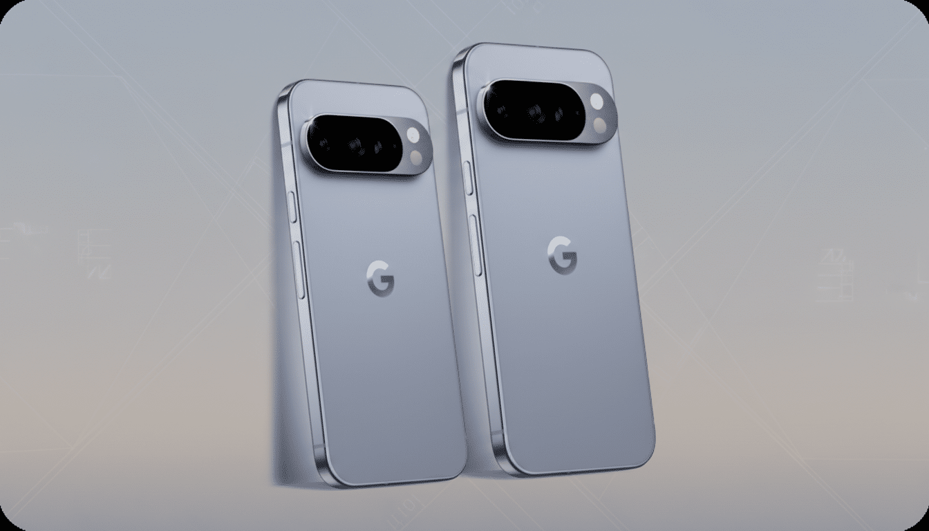 Two light blue smartphones with a prominent G logo on the back and a horizontal camera bar are displayed against a professional flat design background with subtle geometric patterns and a soft gradient.