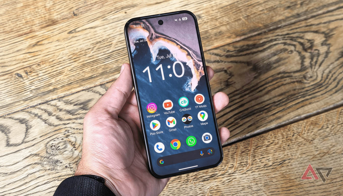 A hand holding a smartphone with various app icons displayed on the screen, set against a wooden table background.