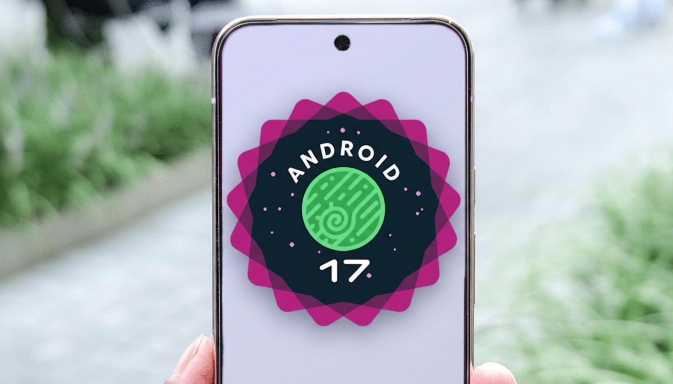 A smartphone displaying the Android 17 logo on its screen, held outdoors.