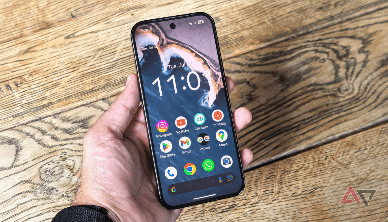 A hand holding a smartphone with various app icons displayed on the screen, set against a wooden background.