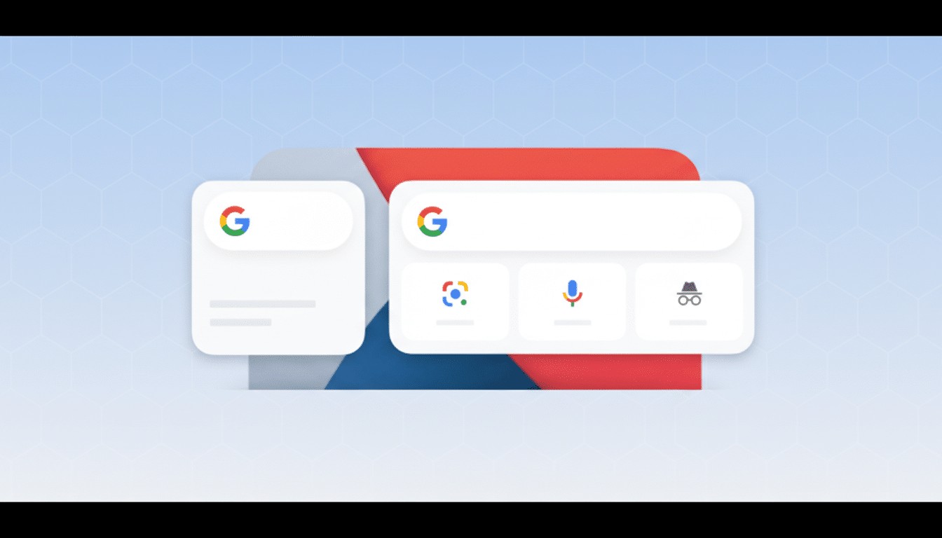 A 16:9 aspect ratio image showing two Google search widgets on a red, white, and blue abstract background, with a new light blue background featuring a subtle hexagonal pattern.