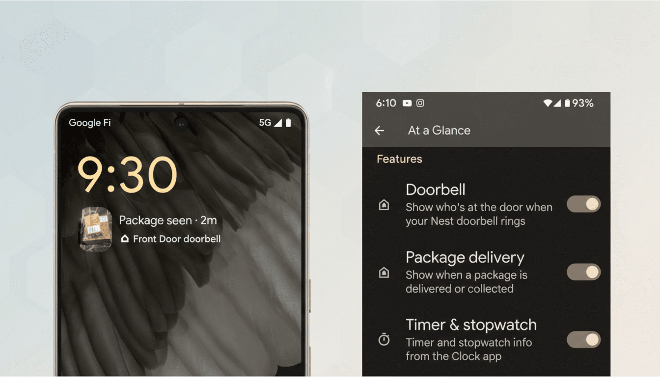 A smartphone displaying a notification for a package delivery and a screen showing At a Glance features with toggles for Doorbell, Package delivery, and Timer & stopwatch.