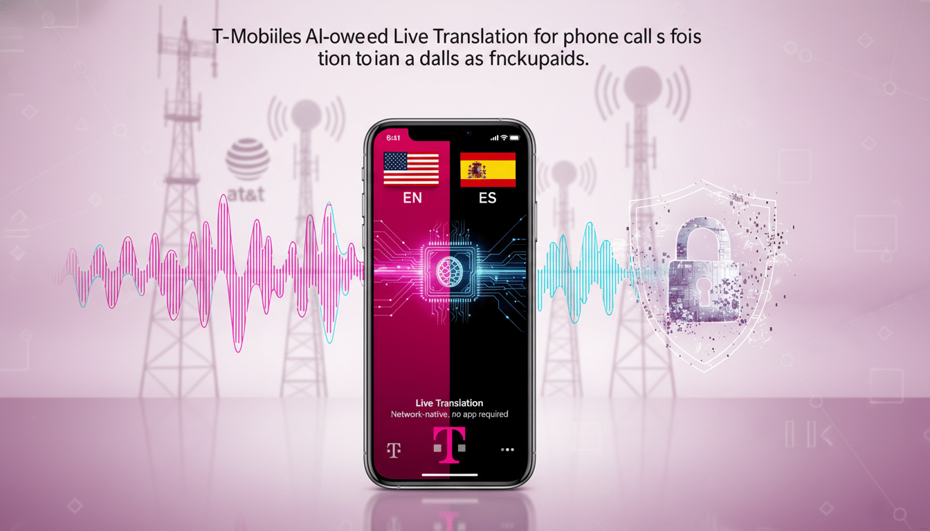 A smartphone displaying a live translation app with American and Spanish flags, flanked by sound waves and a digital lock icon, set against a background of cell towers and a soft pink gradient.
