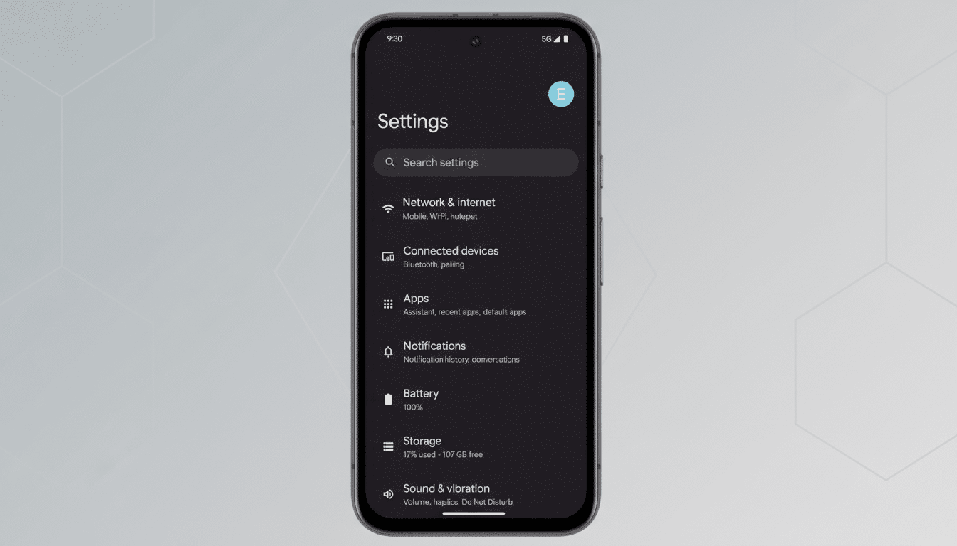 A smartphone displaying the settings menu, resized to a 16:9 aspect ratio with a professional flat design background featuring soft hexagonal patterns.