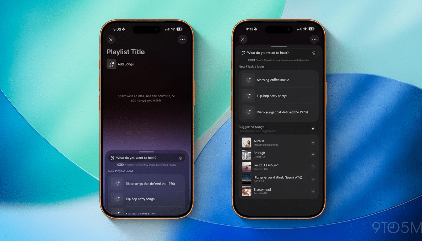 Two iPhones displaying music playlist interfaces, resized to a 16:9 aspect ratio with a professional background.