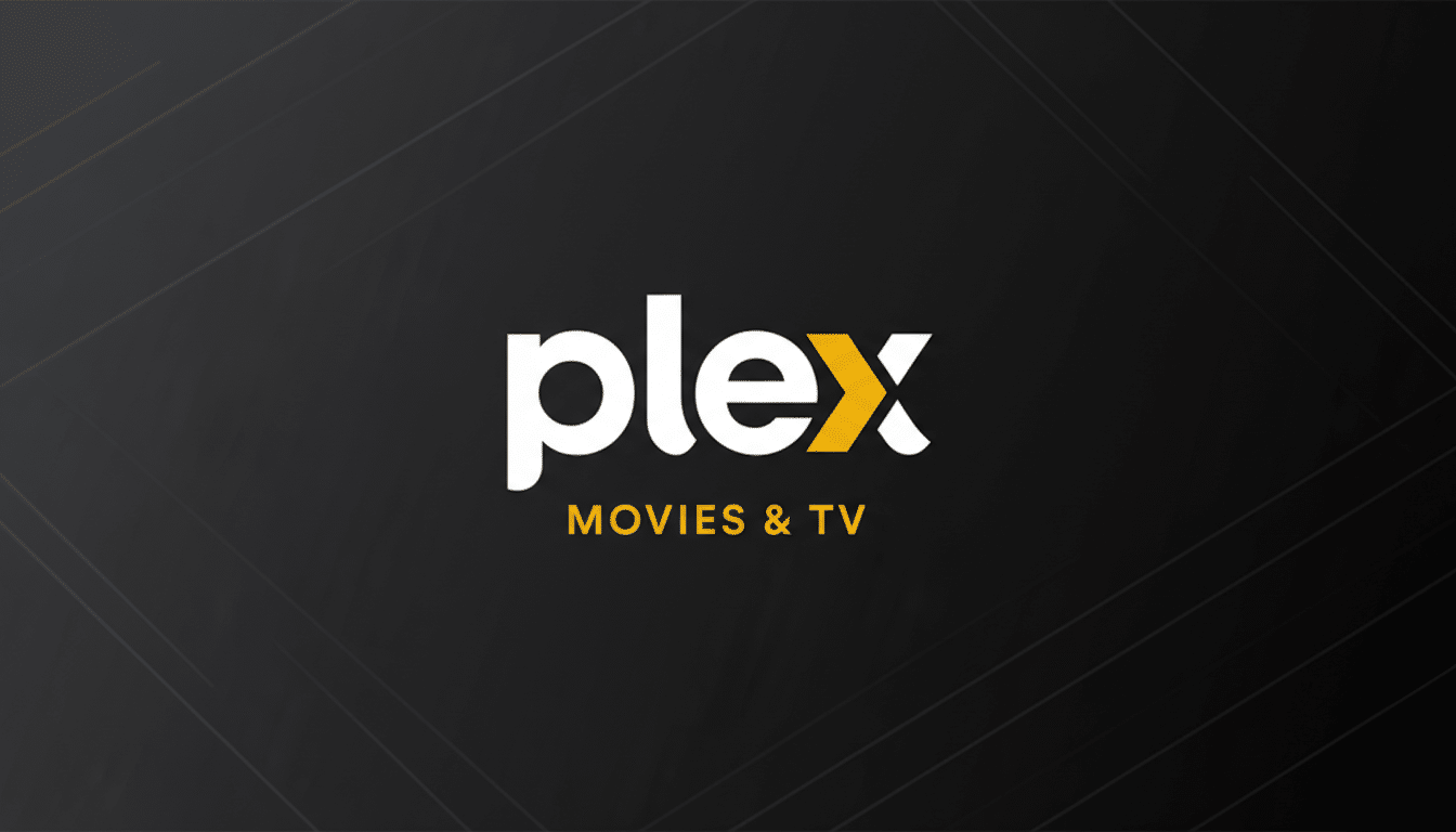 The Plex logo, featuring plex in white with a yellow x and MOVIES & TV in yellow text below, centered on a dark gray background with subtle diagonal line patterns.