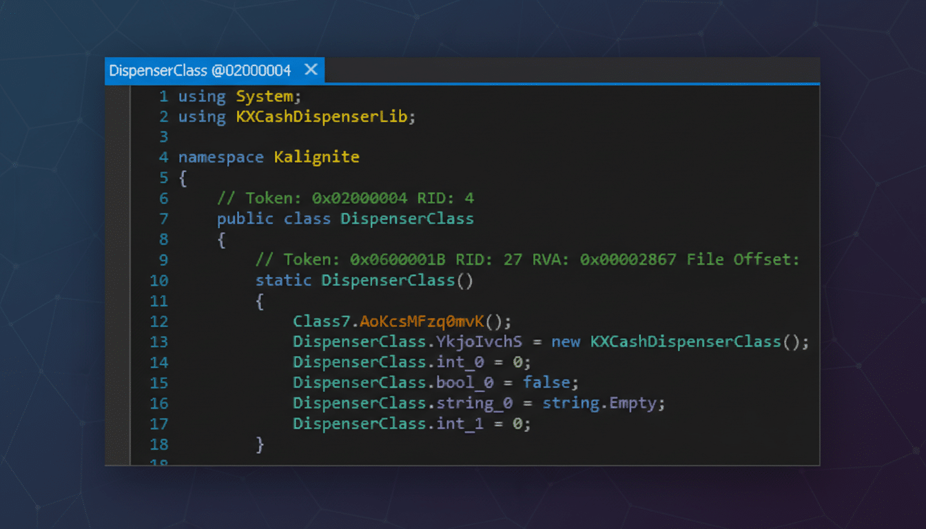 A screenshot of code in a dark theme editor, showing a class named DispenserClass with a static constructor initializing several members. The image has been resized to a 16:9 aspect ratio with a professional flat design background featuring soft patterns.