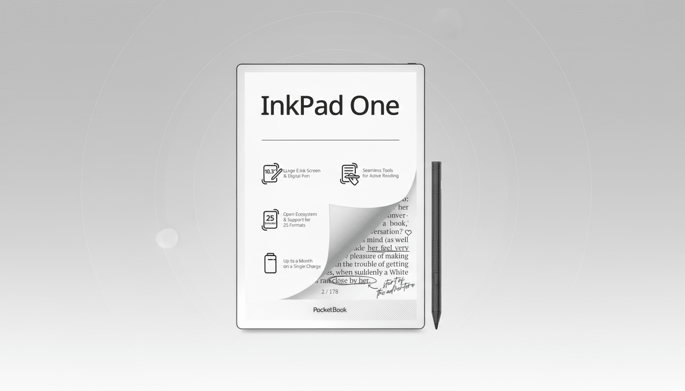 A PocketBook InkPad One e-reader and a digital pen are centered on a professional flat design background with soft patterns. The e-reader displays InkPad One at the top, with features like 10.3 Large E Ink Screen & Digital Pen, Seamless Tools for Active Reading, Open Ecosystem & Support for 25 Formats, and Up to a Month on a Single Charge. Part of a page is shown curled, revealing text underneath.