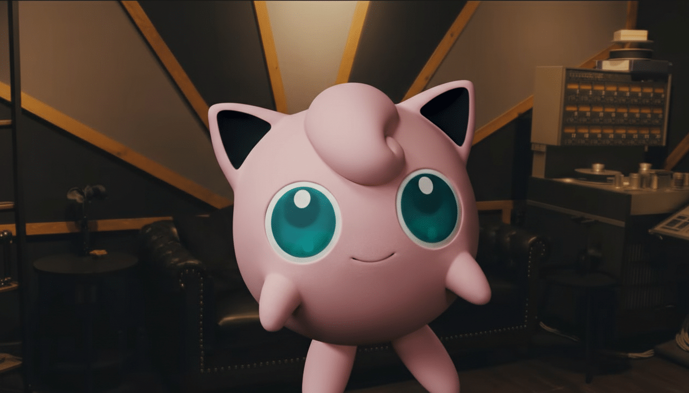 A pink Jigglypuff with large blue eyes stands in a recording studio.