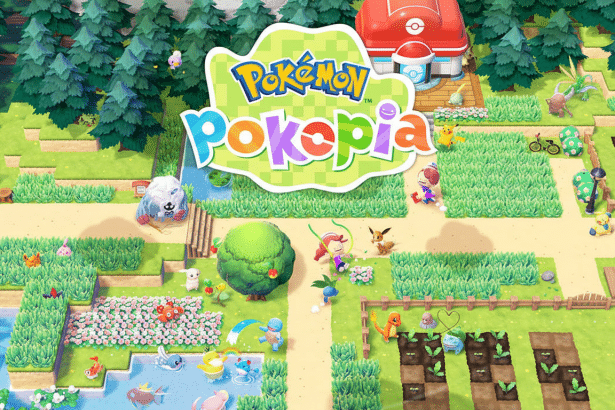 The Pok&eacute;mon Pokopia logo is prominently displayed in a vibrant, cartoonish landscape filled with various Pok&eacute;mon characters, trees, gardens, and a red-roofed building, all presented in a 16:9 aspect ratio.