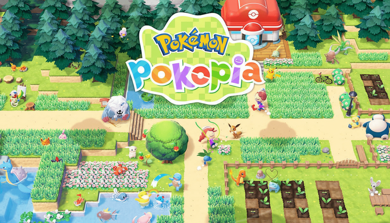 The Pokémon Pokopia logo is prominently displayed in a vibrant, cartoonish landscape filled with various Pokémon characters, trees, gardens, and a red-roofed building, all presented in a 16:9 aspect ratio.