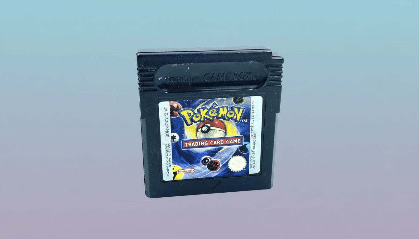 A black Nintendo Game Boy cartridge for Pokémon Trading Card Game is shown against a professional flat design background with soft patterns and gradients.