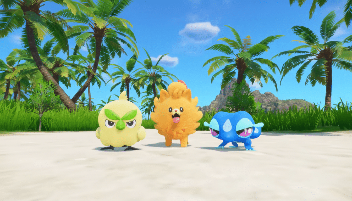 Three colorful, cartoon-like creatures standing on a sandy beach with palm trees and a blue sky in the background.