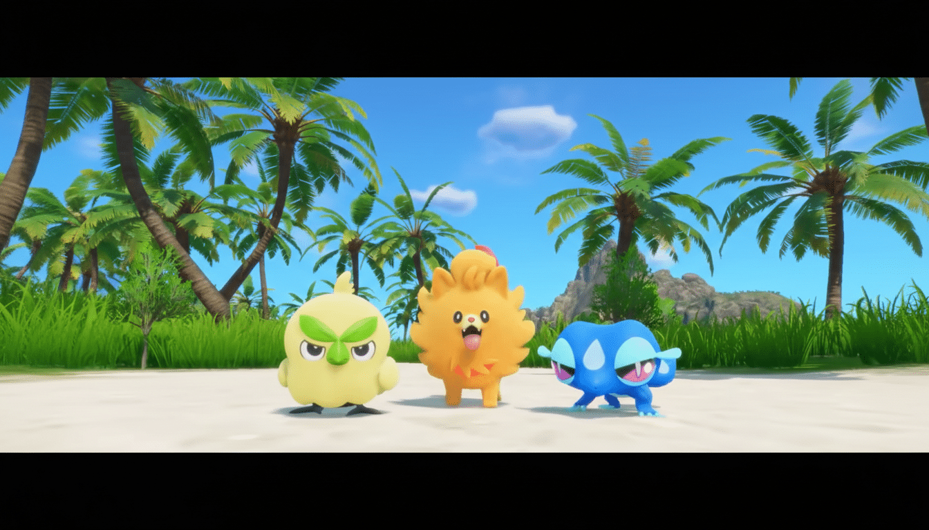 Three cartoon characters, a yellow bird, an orange fluffy creature, and a blue frog-like creature, stand on a sandy beach with palm trees and a blue sky in the background.