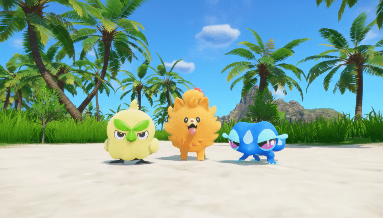 Three colorful, cartoon-like creatures standing on a sandy beach with palm trees and a blue sky in the background.