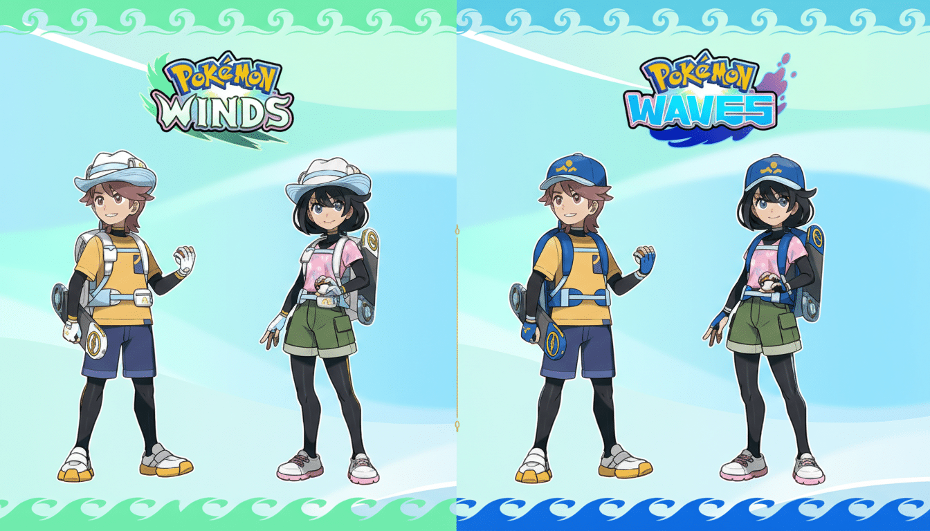 A 16:9 aspect ratio image featuring four Pokémon trainers, two male and two female, with Pokémon Winds and Pokémon Waves logos above them.