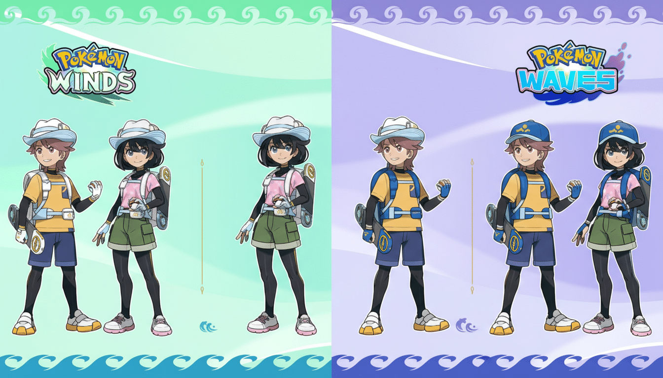 A 16:9 aspect ratio image featuring four anime-style characters, two male and two female, dressed in outdoor adventure gear. The left side shows two characters under the Pokemon Winds logo with a light green background, and the right side shows two characters under the Pokemon Waves logo with a light purple background.