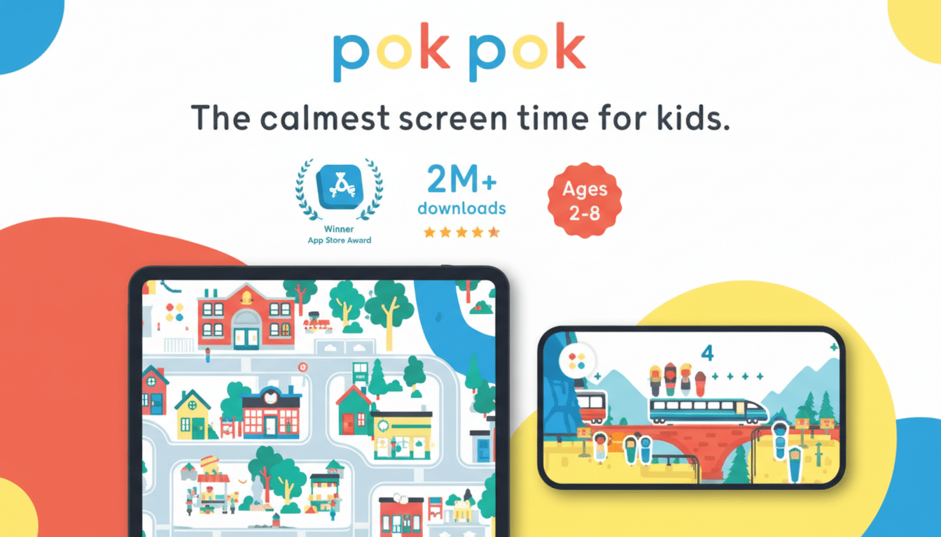 A 16:9 aspect ratio image of the Pok Pok app advertisement, featuring the logo, slogan The calmest screen time for kids., Winner App Store Award, 2M+ downloads, and Ages 2-8 badges. Below, two tablets display colorful, child-friendly game interfaces.