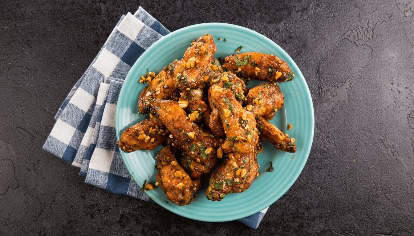 A plate of chicken wings with peanuts and cilantro on a blue plate with a blue and white checkered napkin.