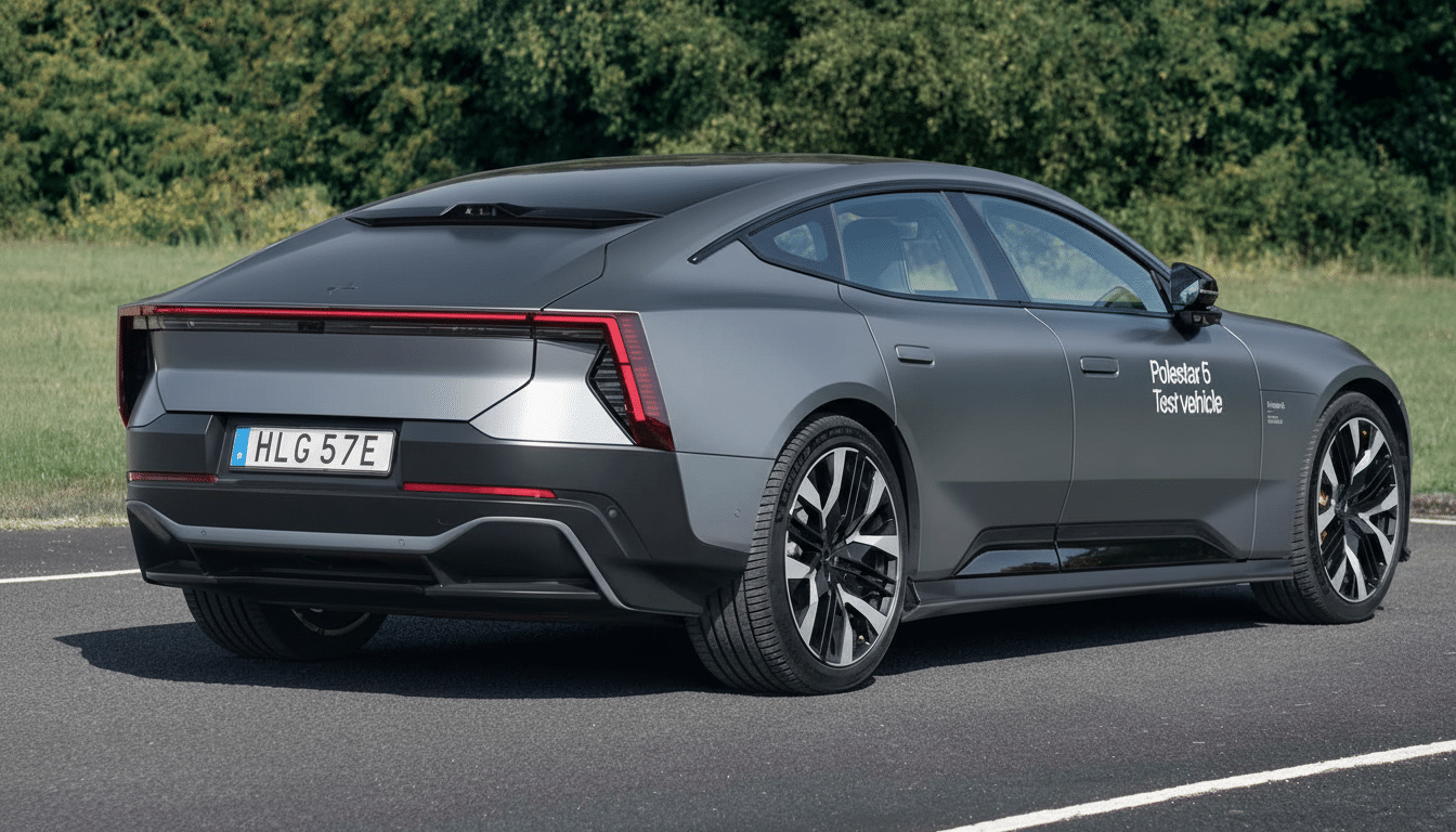 A gray Polestar 6 Test Vehicle is parked on asphalt with a green, leafy background.