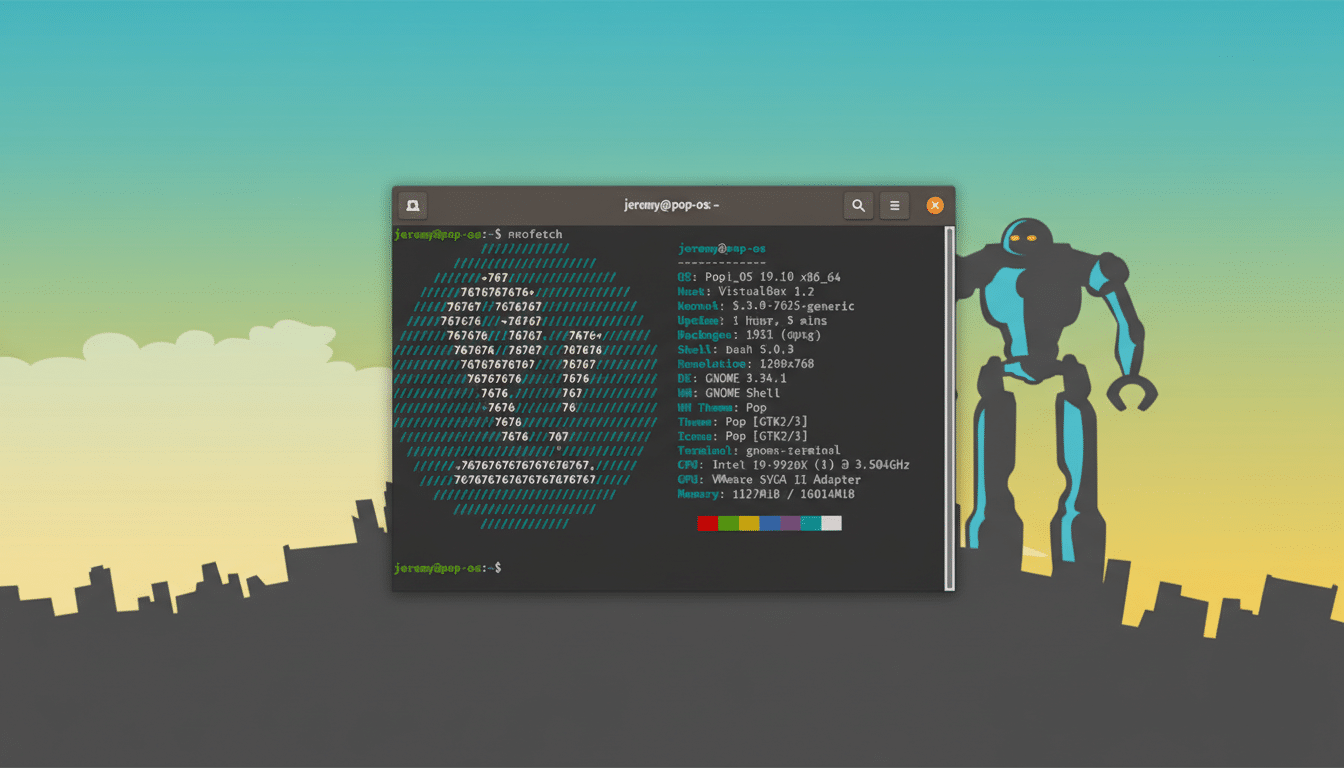 A screenshot of a Pop!OS terminal running neofetch, displaying system information, with a robot illustration in the background, resized to a 16:9 aspect ratio.