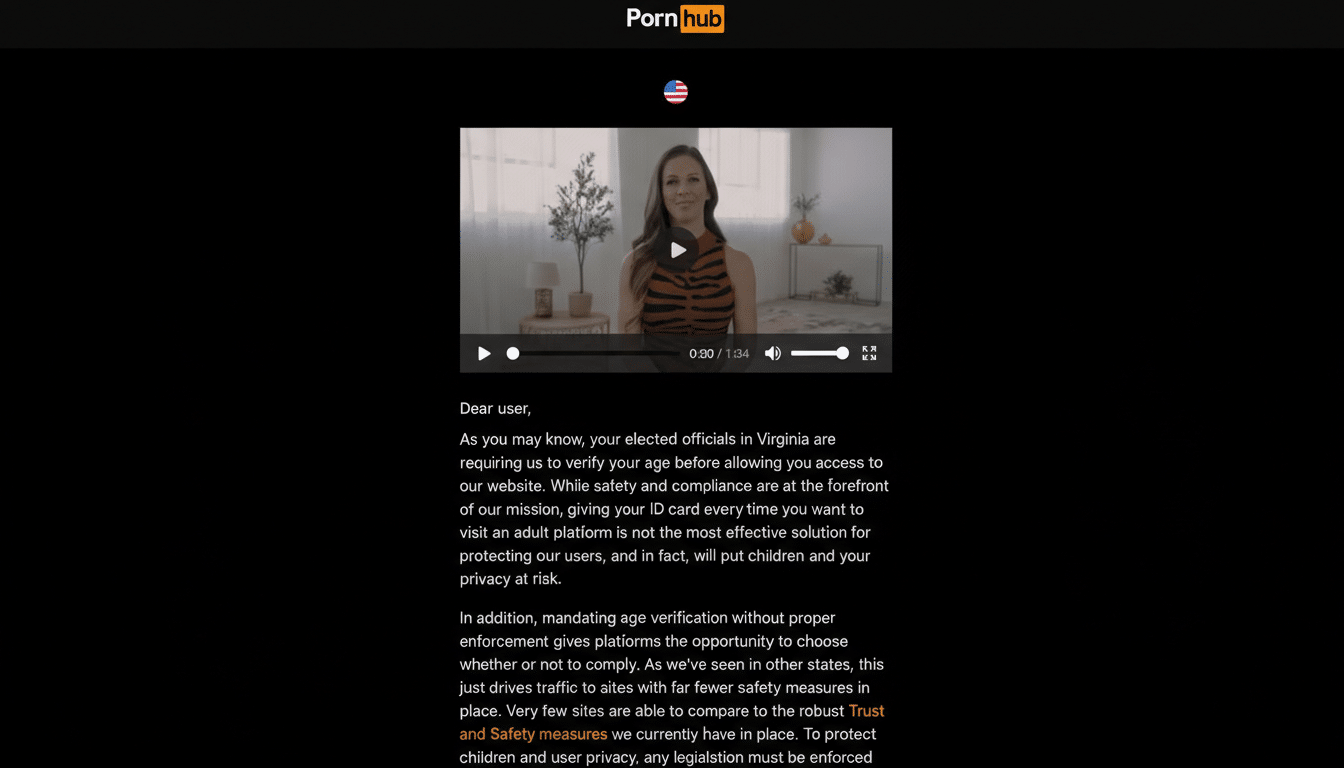 A screenshot of a website with a video player and text below it. The video shows a woman speaking. The text discusses age verification requirements.