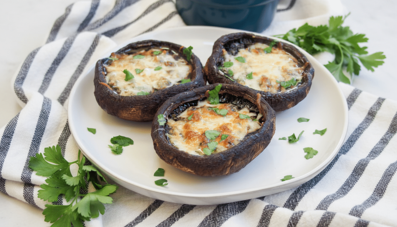 Three cheese-stuffed portobello mushrooms garnished with parsley on a white plate, set on a striped towel with a blue mug and more parsley in the background.