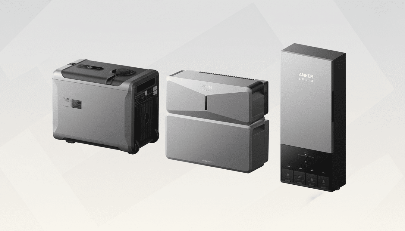 Three Anker Solix power solutions are displayed on a professional flat design background with soft patterns.