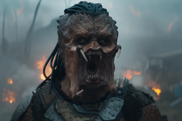 A close-up, professionally enhanced image of a Predator with its mouth open, showing its fangs, set against a smoky background with fires.