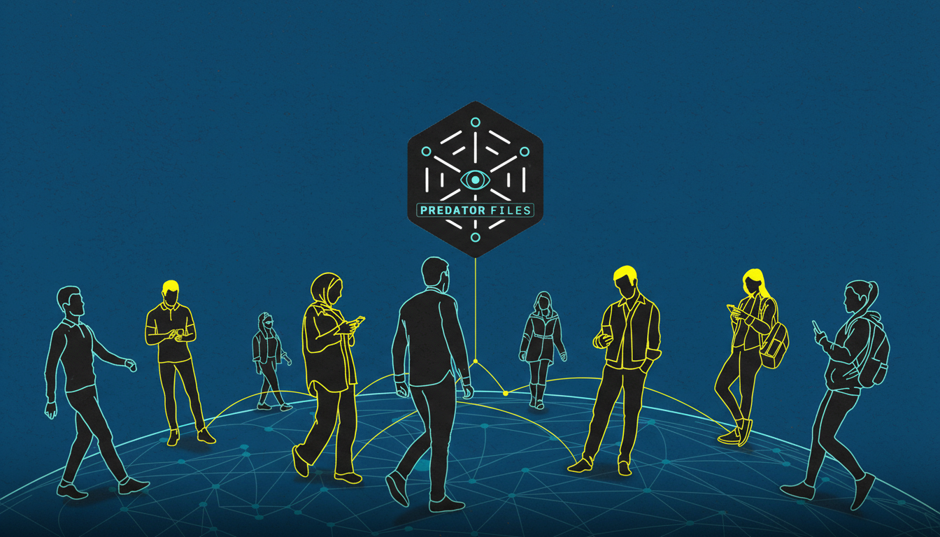 An illustration depicting a network of people connected by lines, with a central hexagonal icon labeled PREDATOR FILES overseeing them.