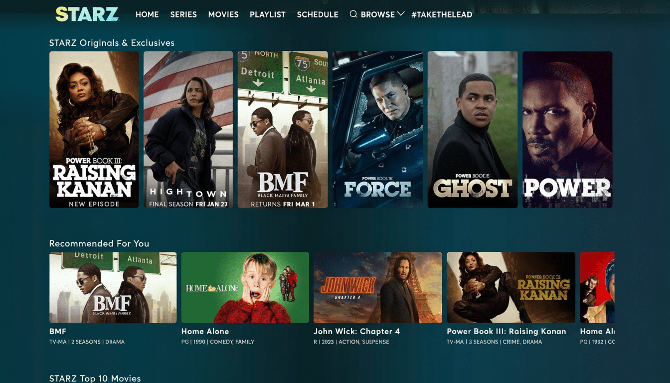 A screenshot of the Starz streaming service homepage, displaying various TV shows and movies.