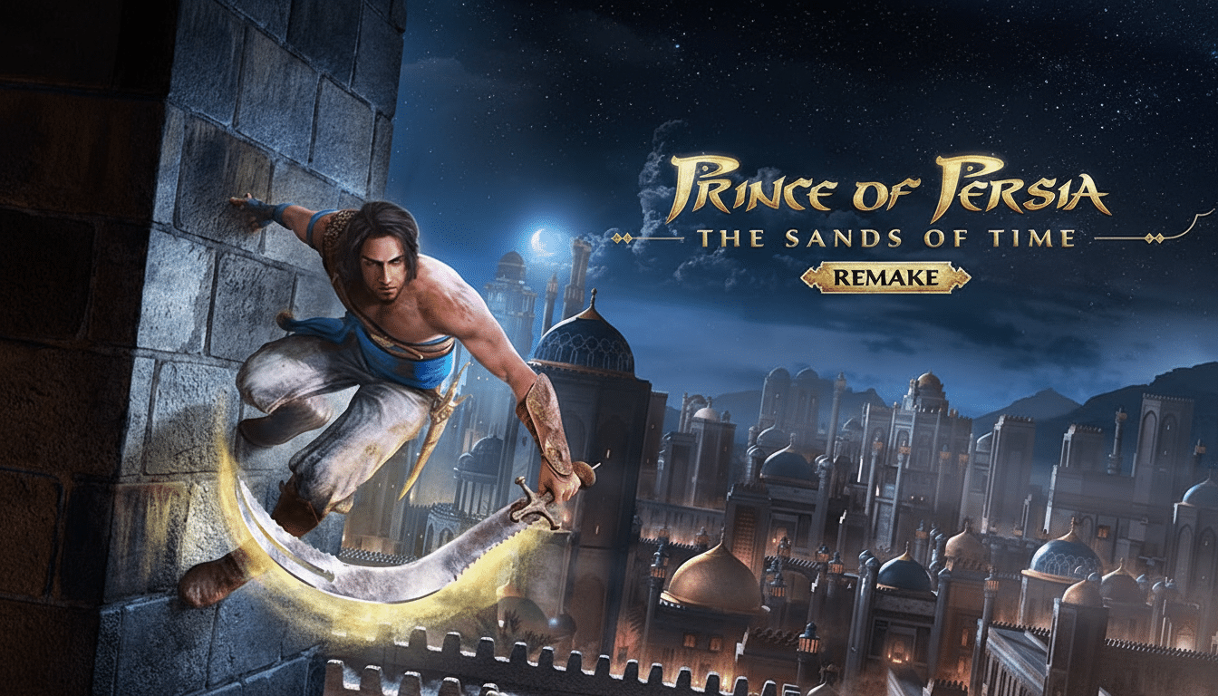 The Prince of Persia: The Sands of Time Remake game cover, featuring the Prince climbing a wall with a city and night sky in the background.