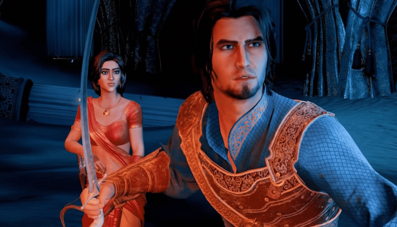 A man in blue and gold armor holding a sword, with a woman in a red sari standing behind him, both looking forward with serious expressions.