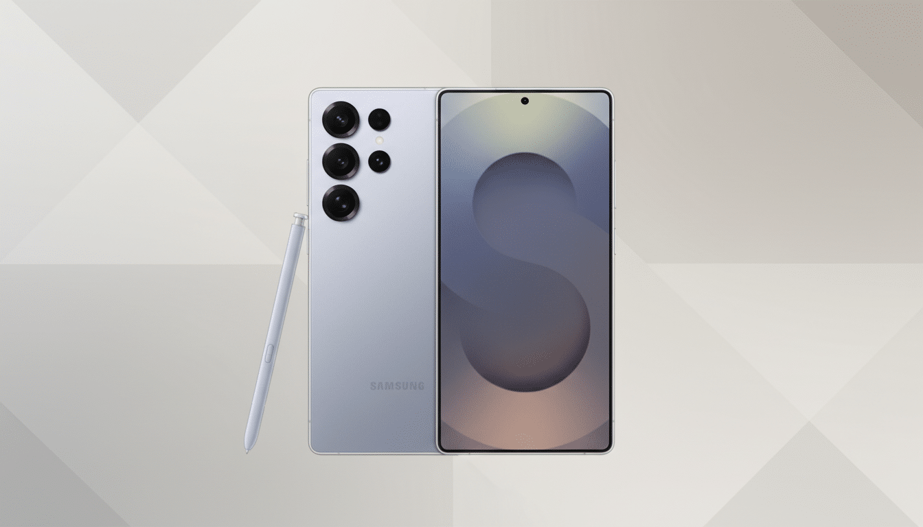 A light purple Samsung smartphone with a matching S Pen stylus, presented on a professional flat design background with soft geometric patterns in shades of grey and beige.