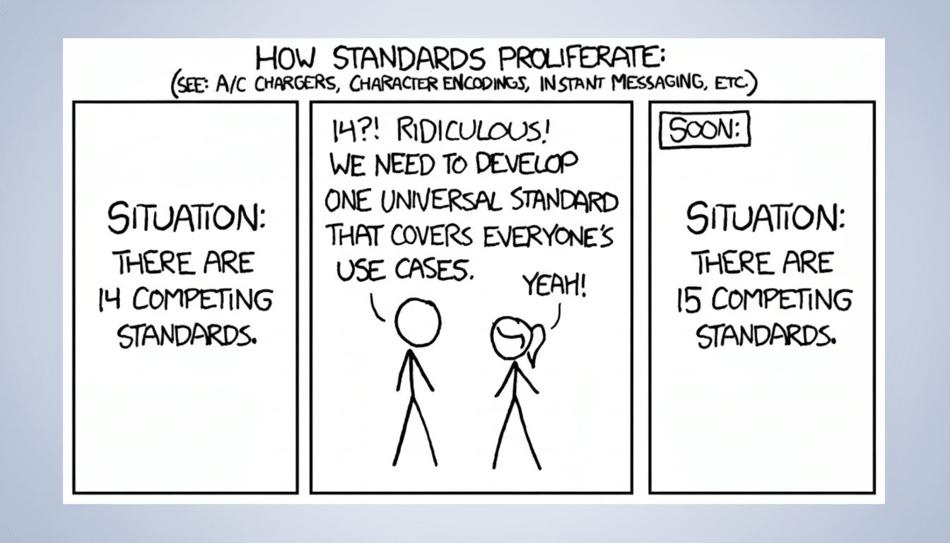A comic strip titled How Standards Proliferate showing a situation where there are 14 competing standards. Two stick figures discuss creating one universal standard, leading to a soon panel where there are 15 competing standards. The background is a professional flat design with soft patterns and gradients.