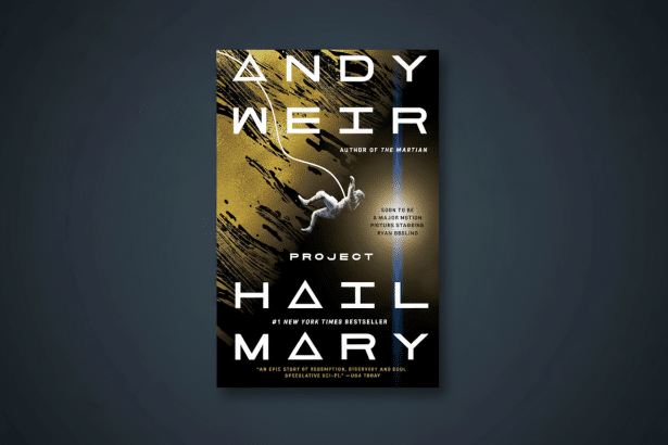 The book cover for Project Hail Mary by Andy Weir, featuring an astronaut against a black and gold background, resized to a 16:9 aspect ratio with a professional flat design background.
