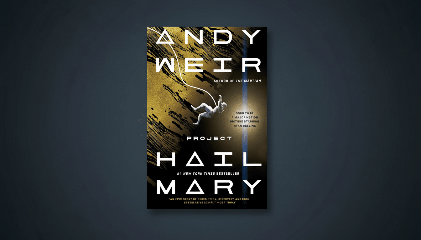 The book cover for Project Hail Mary by Andy Weir, featuring an astronaut against a black and gold background, resized to a 16:9 aspect ratio with a professional flat design background.