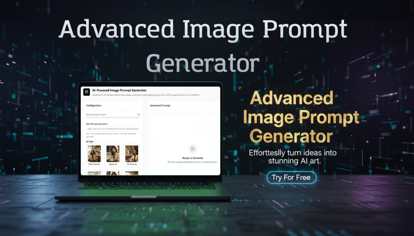 A laptop displaying an AI-Powered Image Prompt Generator interface, set against a dark, futuristic background with glowing lines. The screen shows configuration options and a Generated Prompt section. Text on the right side of the image reads Advanced Image Prompt Generator Effortlessly turn ideas into stunning AI art. Try For Free.