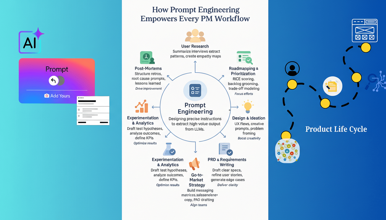 A professional infographic titled How Prompt Engineering Empowers Every PM Workflow with a central diagram illustrating Prompt Engineering and its applications in various stages of product management, including User Research, Roadmapping & Prioritization, Design & Ideation, PRD & Requirements Writing, Go-to-Market Strategy, Post-Mortems, and Experimentation & Analytics. To the left, theres a stylized AI logo and a Prompt button. To the right, a Product Life Cycle diagram is shown.