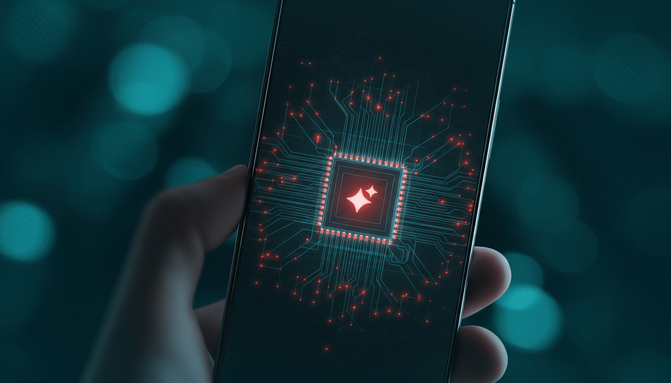 A hand holding a smartphone displaying a glowing red circuit board with a star icon at its center, set against a blurred teal background.
