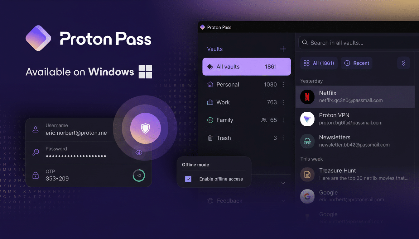 A screenshot of the Proton Pass password manager interface, showing a login screen on the left and a list of vaults and recent items on the right. The image has been resized to a 16:9 aspect ratio.