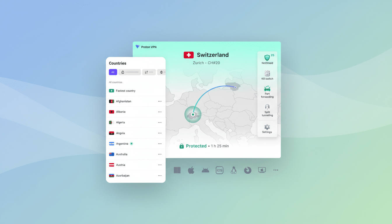 A screenshot of the Proton VPN application interface, showing a map with a connection to Switzerland, a list of countries, and various settings. The image has been resized to a 16:9 aspect ratio with a professional flat design background featuring soft gradients.