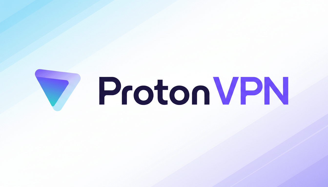 The ProtonVPN logo, featuring a stylized purple and teal triangle icon next to the word ProtonVPN in dark and light purple text, set against a professional flat design background with soft blue and purple gradients.