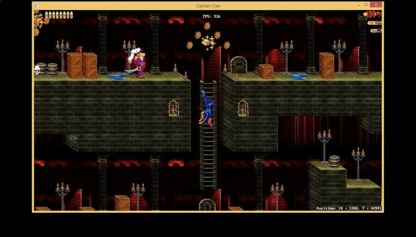 A screenshot from the video game Captain Claw showing the main character climbing a ladder in a dark, castle-like level.