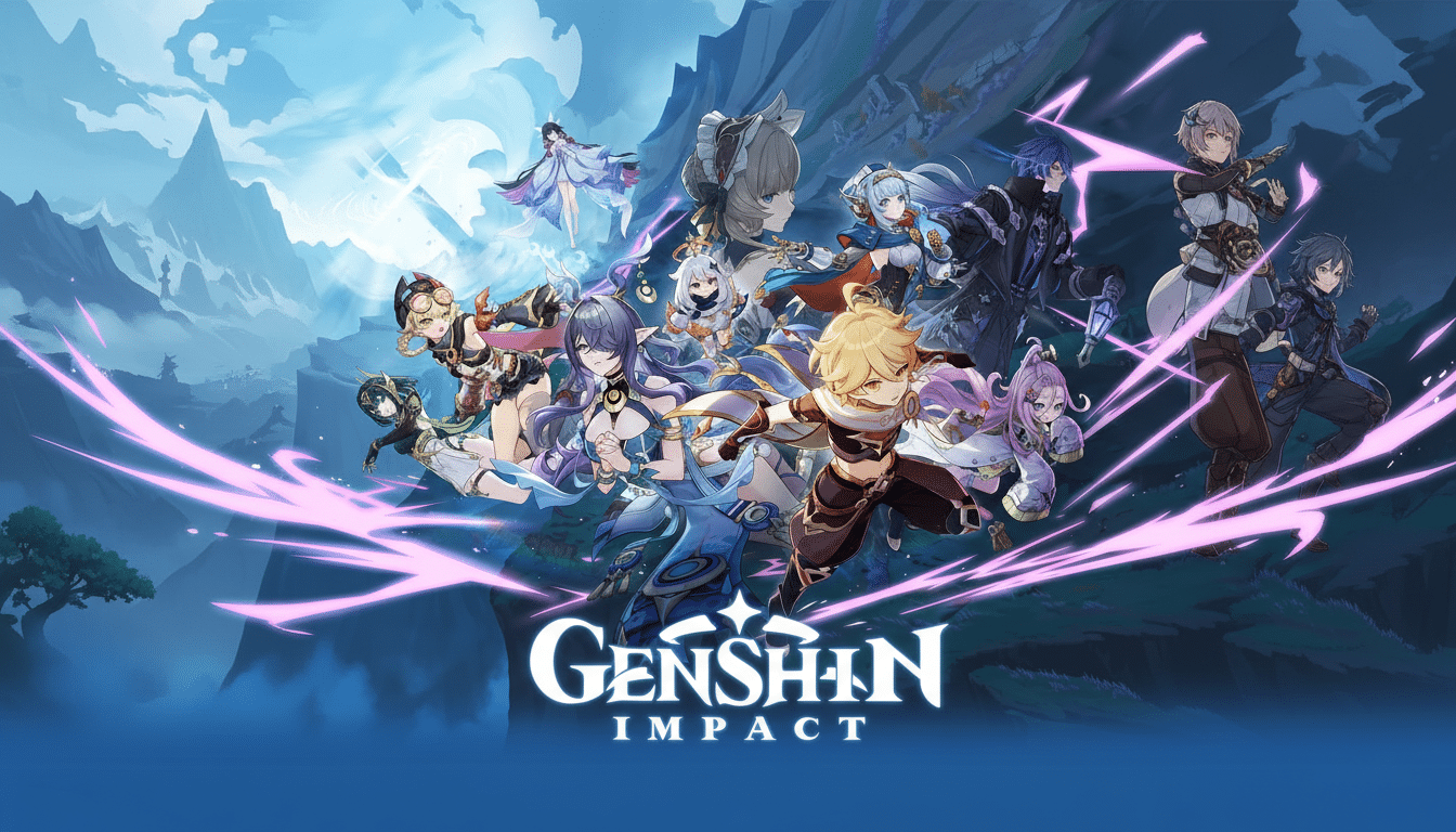 The Genshin Impact game logo with multiple characters from the game in an action pose.
