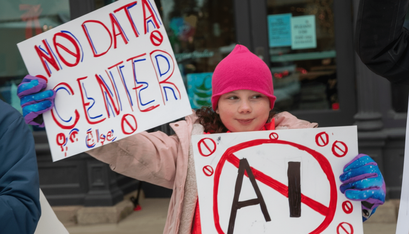 A young girl in a pink hat and coat holds two protest signs, one reading NO DATA CENTER and the other showing AI crossed out.